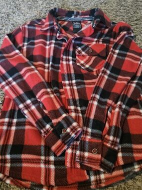 Boy's Red and Black Plaid Button-Up Fleece Shirt